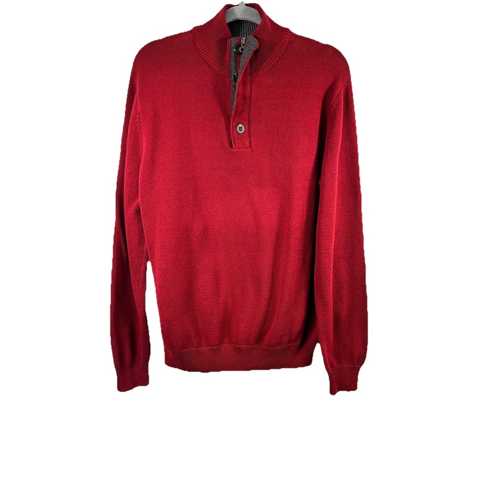 BRITISH KHAKI Men's L Burgundy Red 1/4‎ Zip Sweater Button Mock Neck 100% Cotton